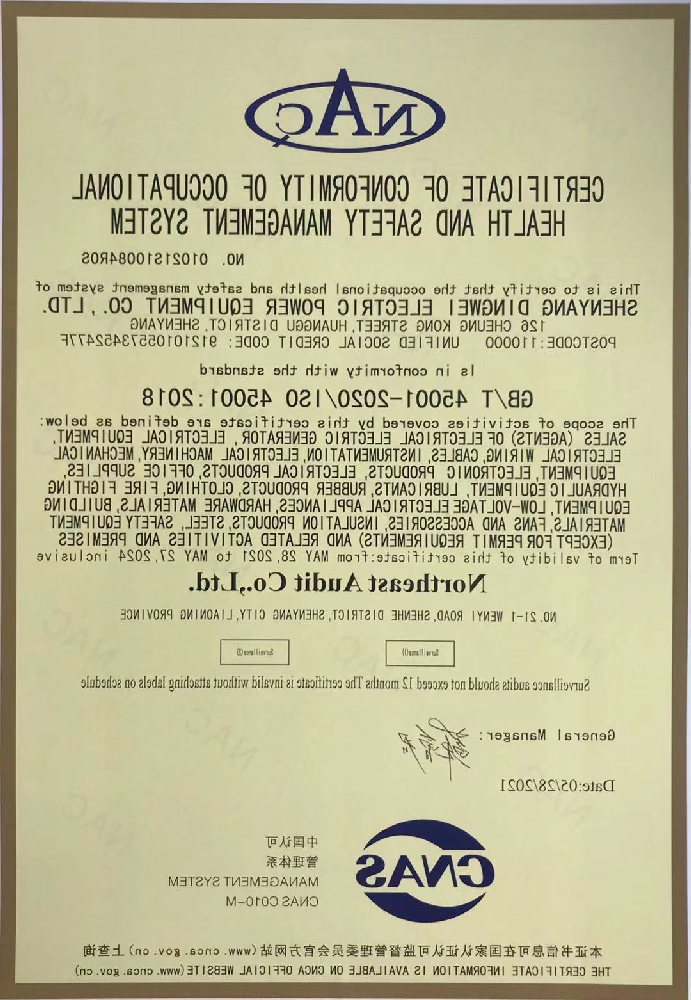 ISO45001职业健康安全管理体系认证证书（英文）